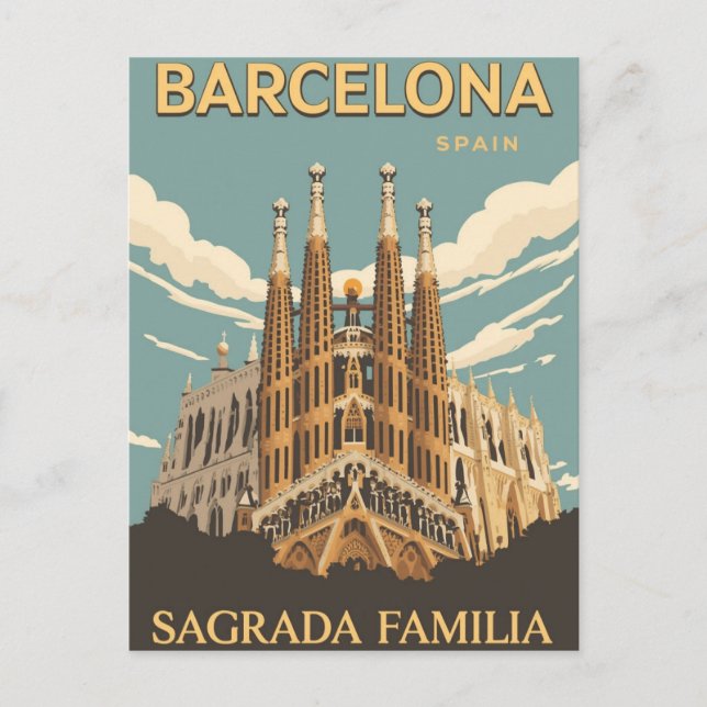 Barcelona Sagrada Familia Vintage Travel Art Vykort (Framsida)