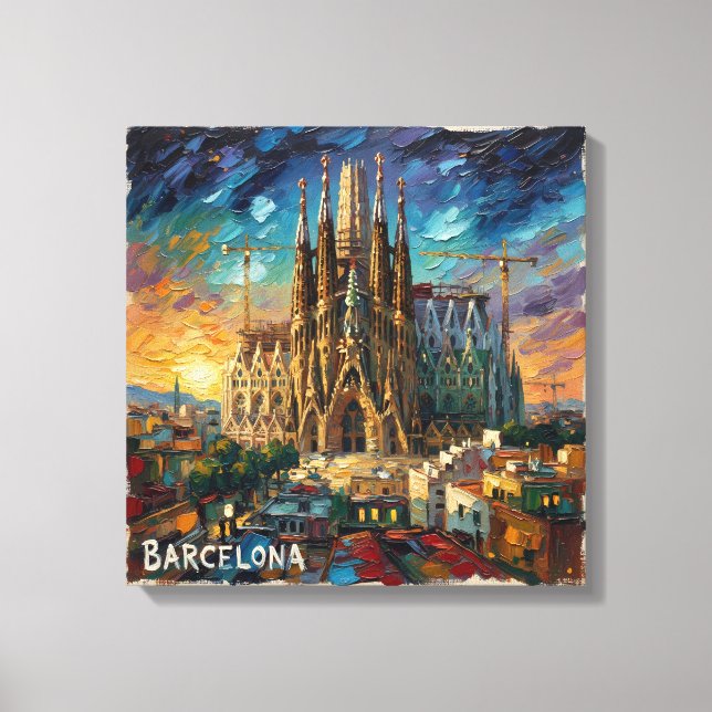 Barcelona Sagrada Solnedgång Stadssilhuett Canvas (Framsida)