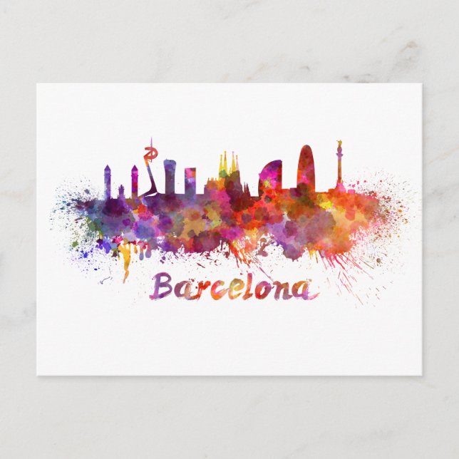 Barcelona-skylin i vattenfärg vykort (Framsida)