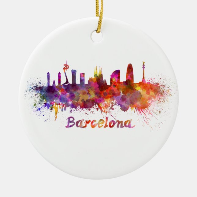 Barcelona skyline in watercolor julgransprydnad keramik (Framsidan)