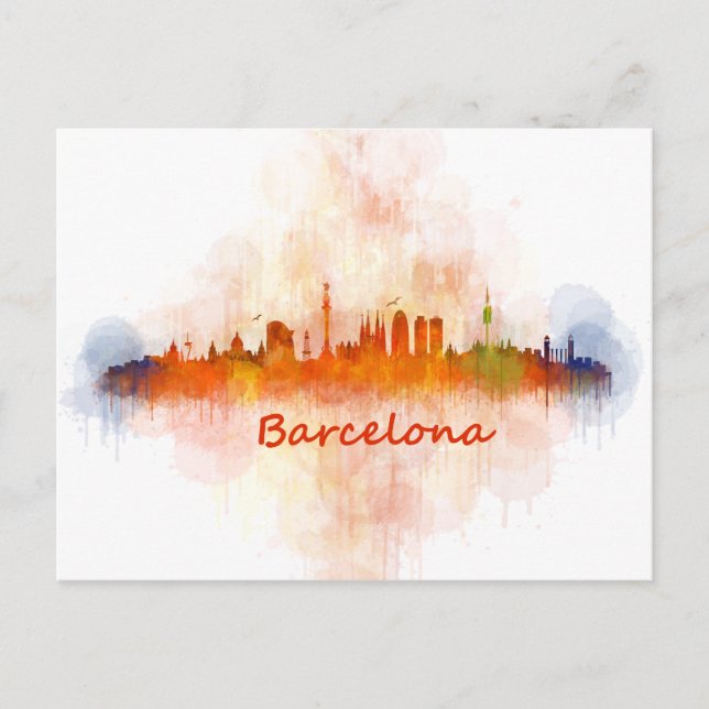 Barcelona Skyline vattencolor v04 Vykort (Framsida)