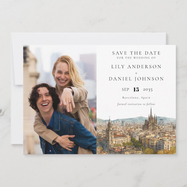 Barcelona Skyline Watercolor Photo Wedding Spara Datumet (Framsida)
