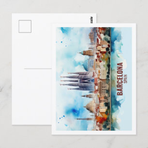 Barcelona Spain Berömd Travel Ställe Watercolor Vykort