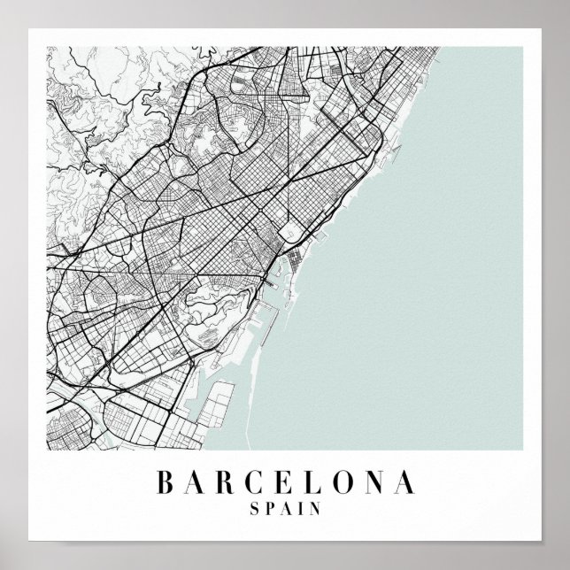 Barcelona Spain Blue Vatten Street Karta Poster (Framsidan)