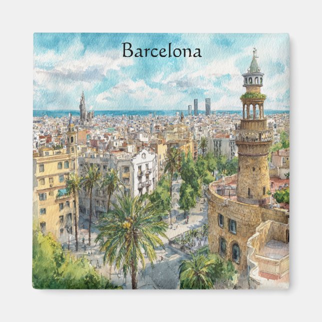 Barcelona Spain Catalonia City VIew Oil Paint Magnet (Framsidan)