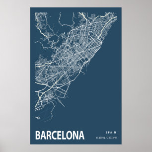 Barcelona Spain City Karta Line Art Blue Skriv ut Poster