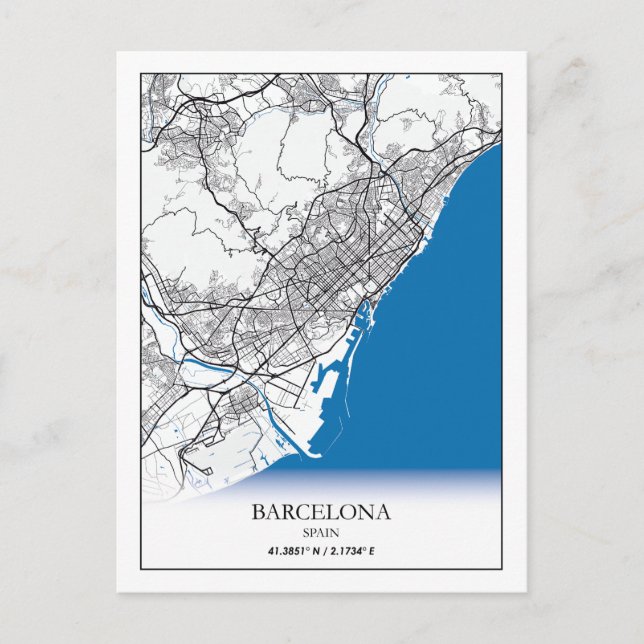 Barcelona Spain City Karta Travel Simple Minimal Vykort (Framsida)