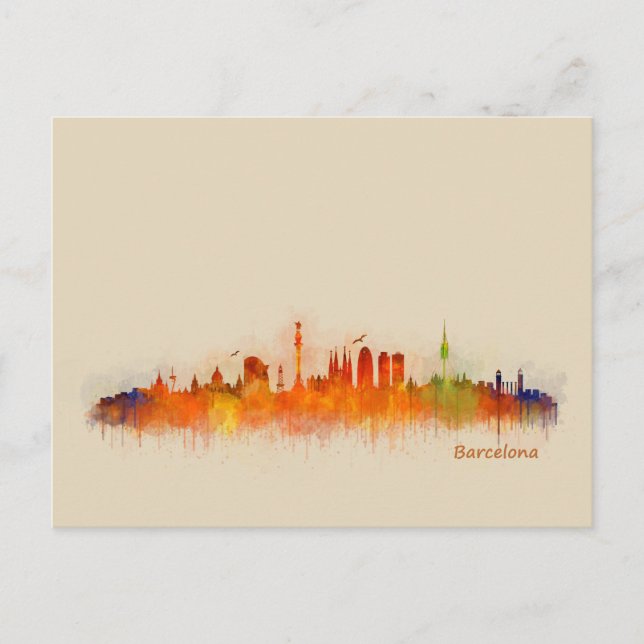 Barcelona Spain City Skyline. VattenfärgsCityscape Vykort (Framsida)