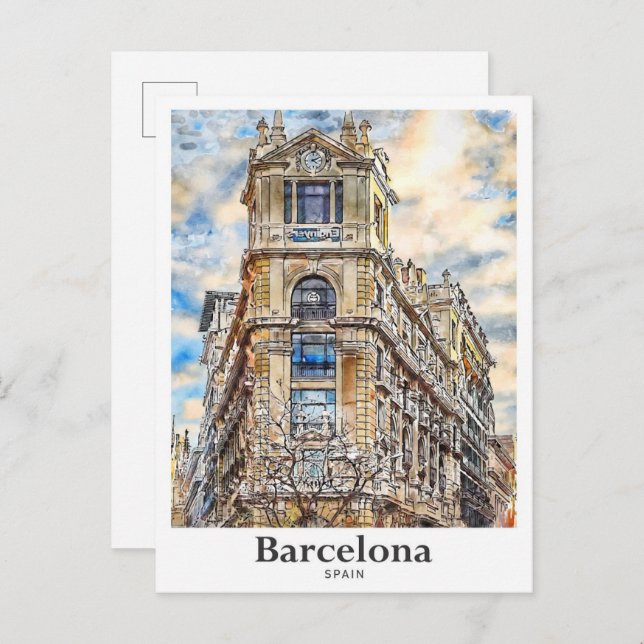 Barcelona Spain Travel Watercolor Hand plockade Vykort (Fram/baksida)