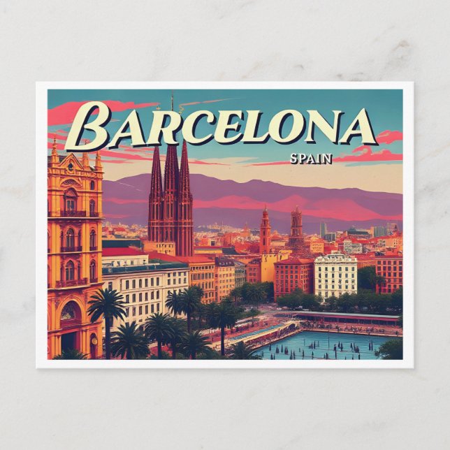 BARCELONA SPAIN VINTAGE VYKORT (Framsida)
