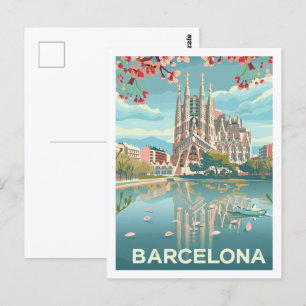Barcelona Spanien Berömd Vintage resor Ställe Vykort