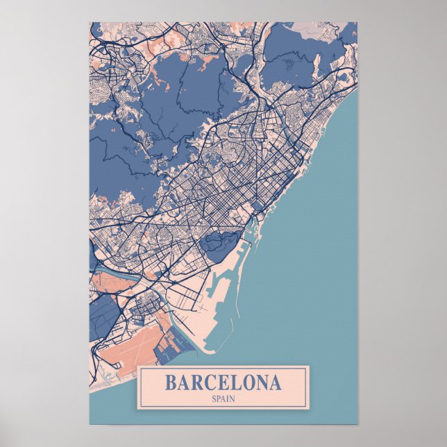 Barcelona Spanien Blåsigt Stadskarta Resa Poster (Framsidan)