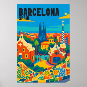 Barcelona Spanien Färgglad Flygvy Resa Poster