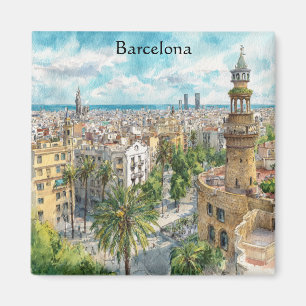 Barcelona Spanien Katalonien Stadsvy Oljemålning Magnet