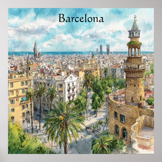 Barcelona Spanien Katalonien Stadsvy Oljemålning Poster (Framsidan)