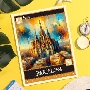 Barcelona, Spanien Måla Vintage Vykort