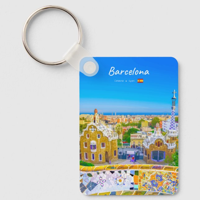 Barcelona, Spanien - Park Guell Gaudi Mosaic Class Nyckelring (Framsida)