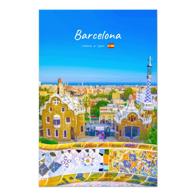 Barcelona, Spanien - Park Guell Gaudi Mosaic Fototryck (Framsidan)