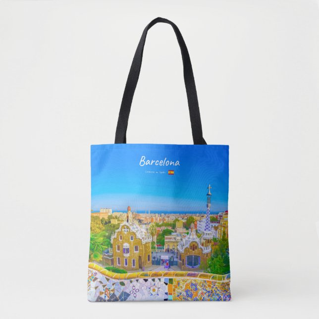 Barcelona, Spanien - Park Guell Gaudi Mosaic Tygkasse (Framsida)