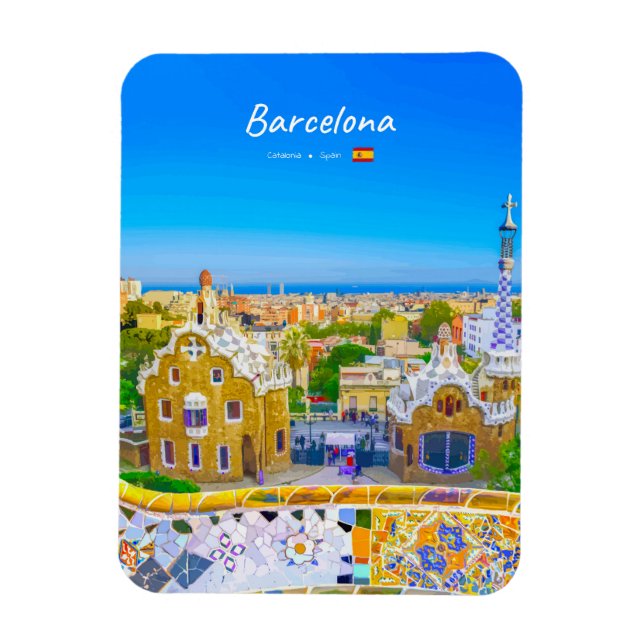 Barcelona, Spanien - Park Guell Gaudi Mosaik Runda Magnet (Vertikal)
