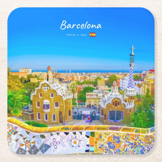 Barcelona, Spanien - Park Guell Gaudi Mosaik Underlägg Papper Kvadrat (Framsidan)