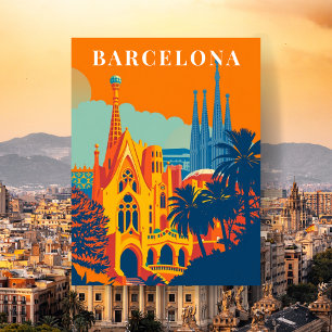 Barcelona Spanien Retro Resemålning Illustration Vykort