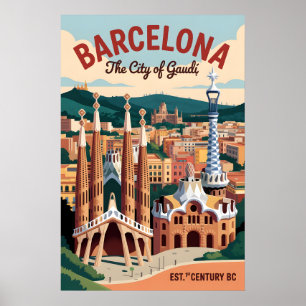 Barcelona Spanien Retro Siluett Stadsvy Resa Poster