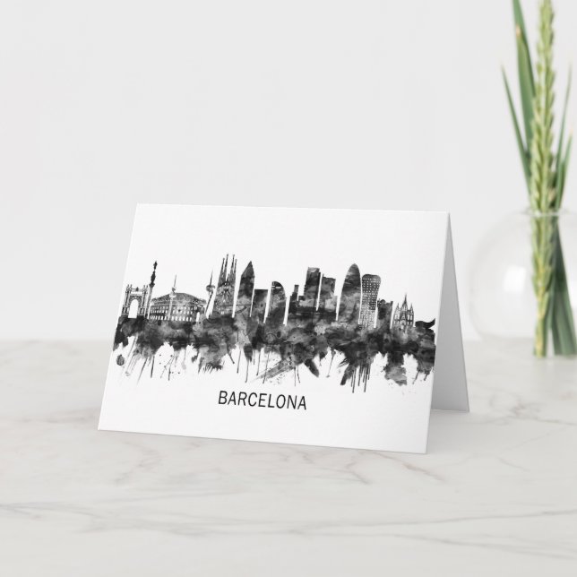 Barcelona Spanien Skyline BW Helgkort (Framsida)