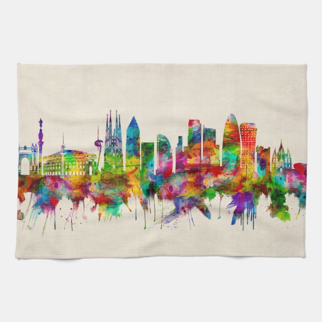 Barcelona Spanien Skyline Kökshandduk (Horisontell)