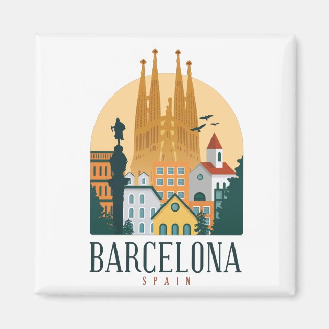 Barcelona Spanien Skyline Metall Magnet (Framsidan)