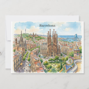 Barcelona Spanien Stadsscenariot Vattenfärg Illust Kort