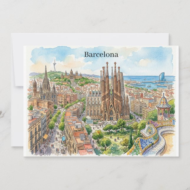 Barcelona Spanien Stadsscenariot Vattenfärg Illust Kort (Framsida)