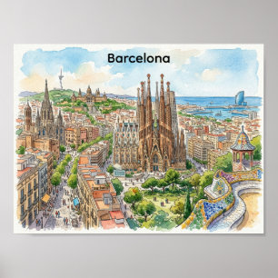 Barcelona Spanien Stadssiluett Akvarell Illustrati Poster