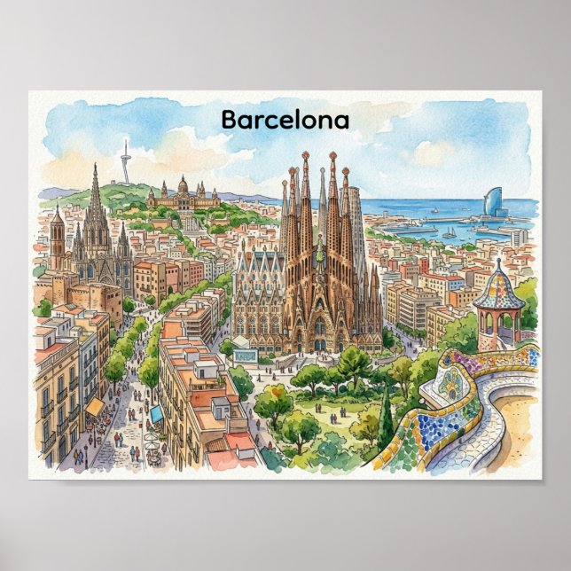 Barcelona Spanien Stadssiluett Akvarell Illustrati Poster (Framsidan)