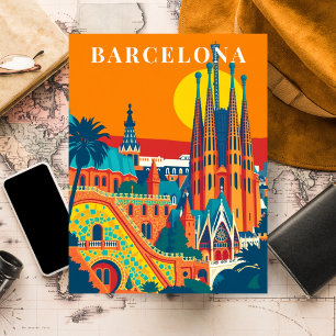 Barcelona Spanien Vintage Reseskiss Illustration Vykort