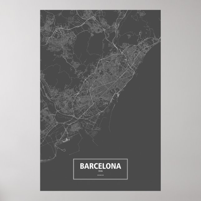 Barcelona, Spanien (vit på svart) Poster (Framsidan)