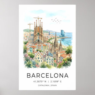 Barcelona Väggkonsttryck Färgrik Akvarell Poster
