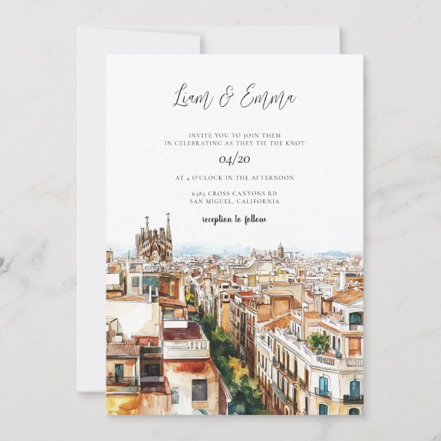 Barcelona Watercolor Bröllop Inbjudningar (Framsida)