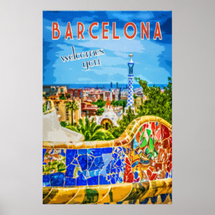 Barcelonaparken Güell Bench Vintage resor Poster
