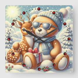 Bärchen Rehkitz Weihnachten Christmas Fyrkantig Klocka