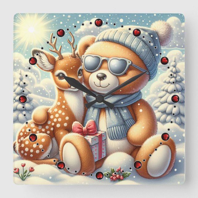 Bärchen Rehkitz Weihnachten Christmas Fyrkantig Klocka (Framsida)