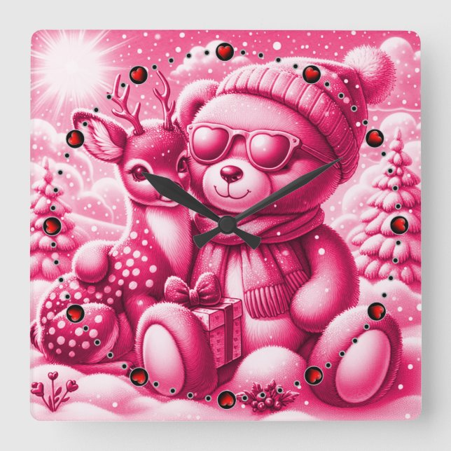 Bärchen Rehkitz Weihnachten Christmas Fyrkantig Klocka (Framsida)