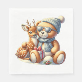 Bärchen und sein Rehkitz im Schnee Pappersservett