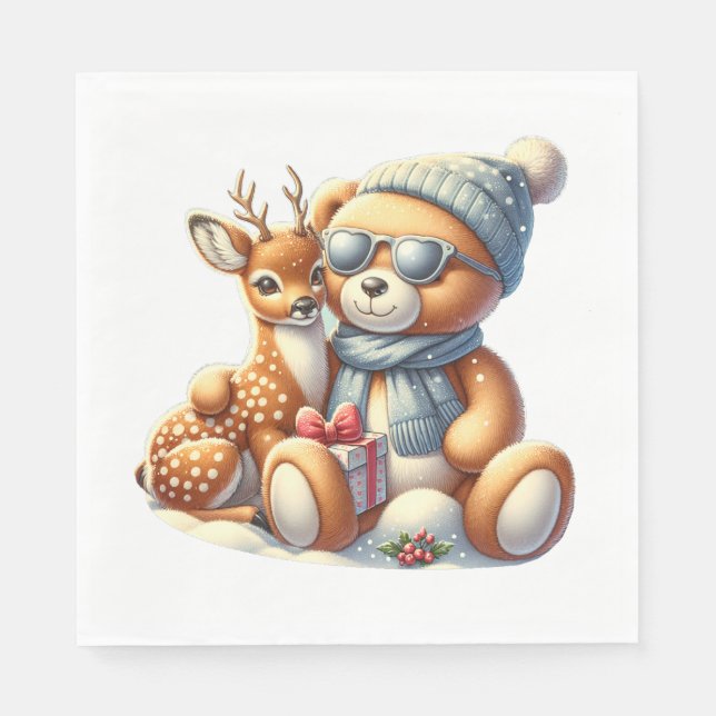 Bärchen und sein Rehkitz im Schnee Pappersservett (Framsidan)