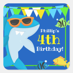 Bards Blue Shark Fintastic Birthday Fyrkantigt Klistermärke