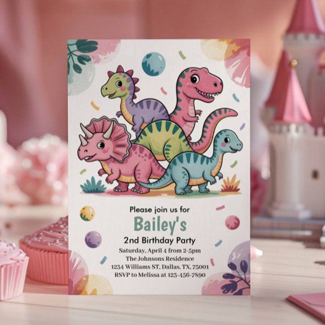 Bards Cute Rosa Dinosaur 2:a födelsedagen Party Inbjudningar (Skapare uppladdad)
