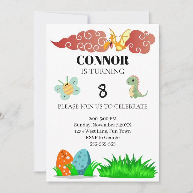 Bards Dinosour Theme Birthday Inbjudningar (Framsida)