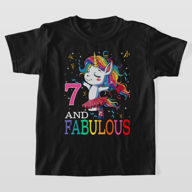 Bards Girls 7:h Birthday Unicorn Fabulous 7 Years  T Shirt (Laydown)