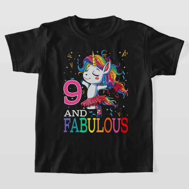 Bards Girls 9:h Birthday Unicorn Fabulous 9 Years  T Shirt (Laydown)