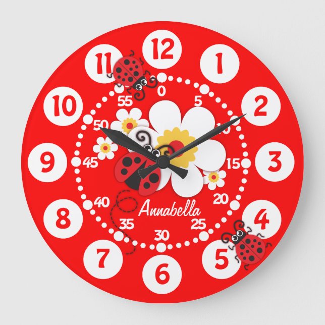 Bards ladybug och blommor med ljusröd väggklocka (Framsida)